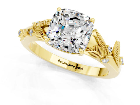 Yellow gold Cushion Cut Moissanite Solitaire Ring with Leaf Motif Band and Four-Prong Setting_1