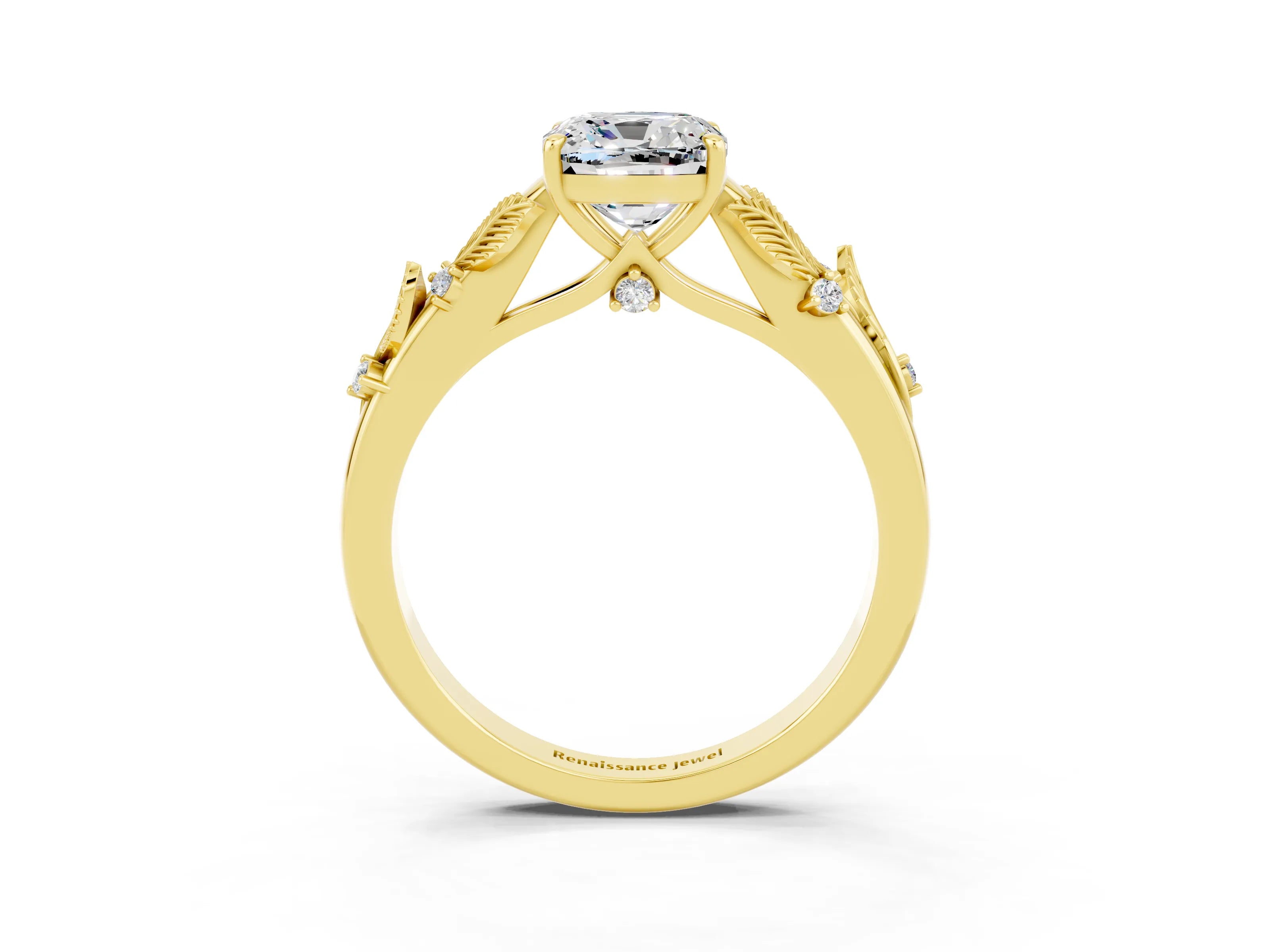 Yellow gold Cushion Cut Moissanite Solitaire Ring with Leaf Motif Band and Four-Prong Setting_3