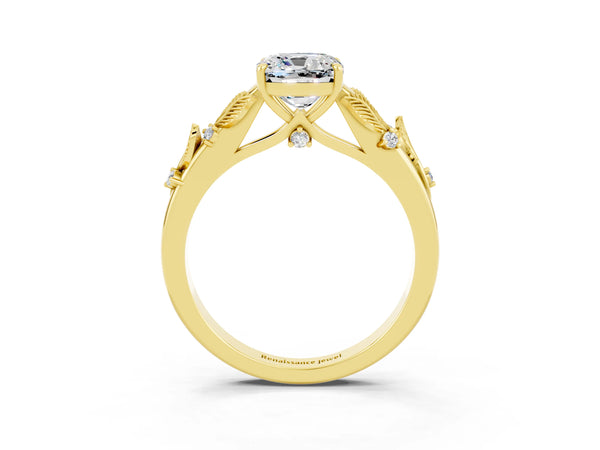 Yellow gold Cushion Cut Moissanite Solitaire Ring with Leaf Motif Band and Four-Prong Setting