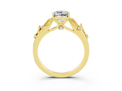 Yellow gold Cushion Cut Moissanite Solitaire Ring with Leaf Motif Band and Four-Prong Setting_3