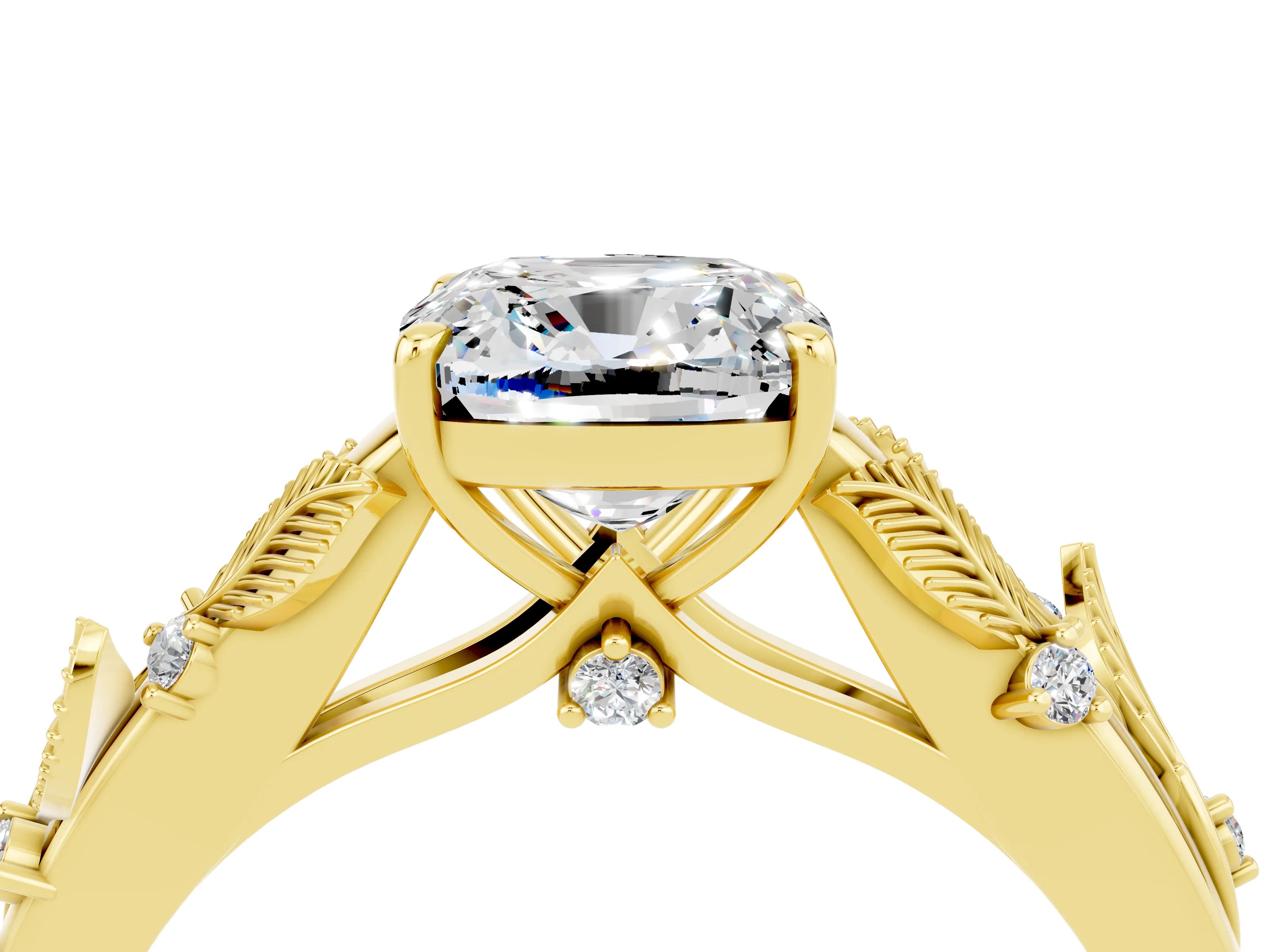 Yellow gold Cushion Cut Moissanite Solitaire Ring with Leaf Motif Band and Four-Prong Setting_4