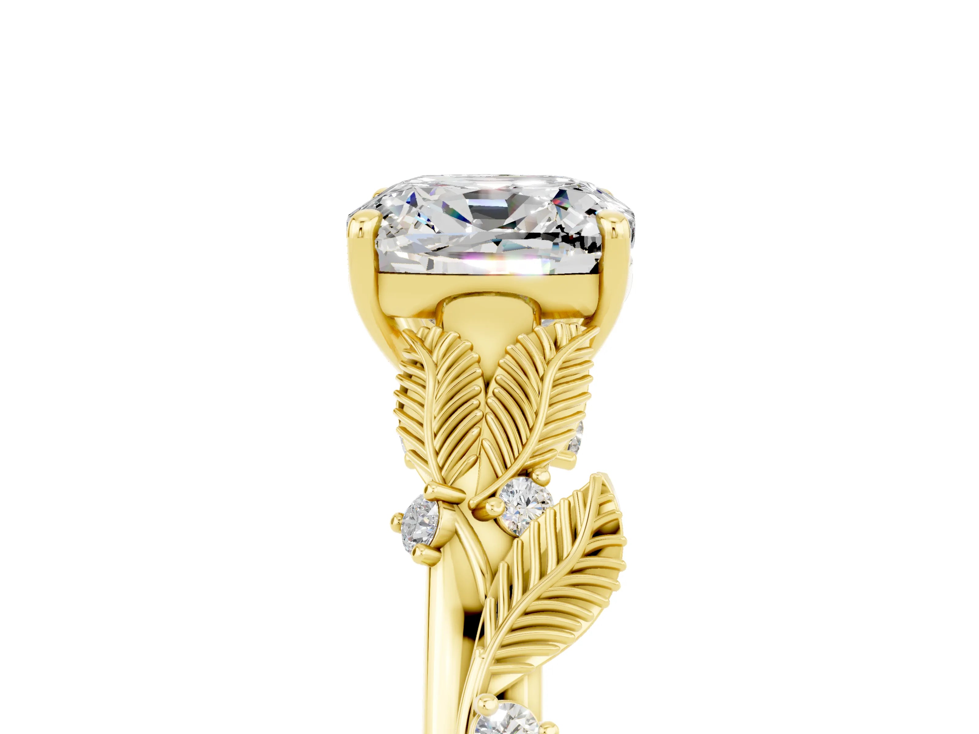 Yellow gold Cushion Cut Moissanite Solitaire Ring with Leaf Motif Band and Four-Prong Setting_5