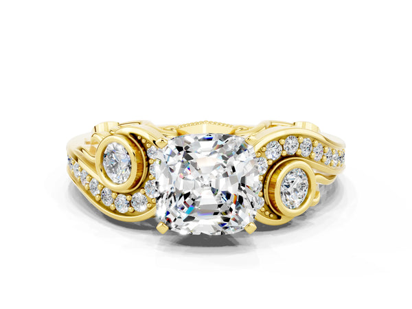 Yellow gold Cushion Cut Moissanite Solitaire Ring with Milgrain Pavé Band and Four-Prong Setting