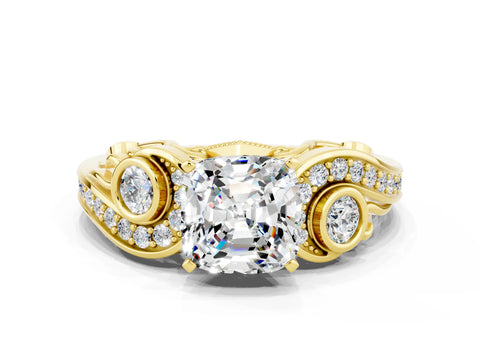 Yellow gold Cushion Cut Moissanite Solitaire Ring with Milgrain Pavé Band and Four-Prong Setting_24