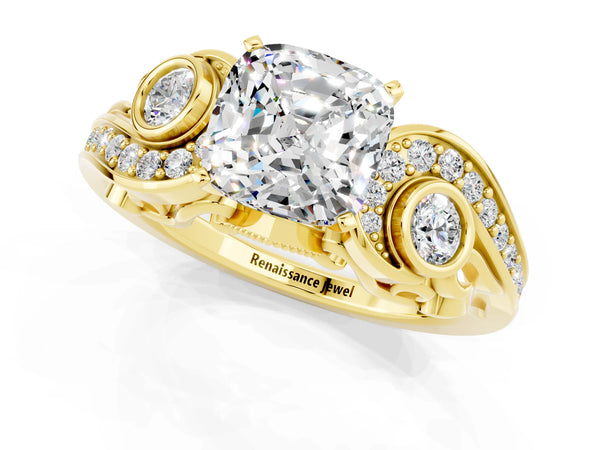 Yellow gold Cushion Cut Moissanite Solitaire Ring with Milgrain Pavé Band and Four-Prong Setting
