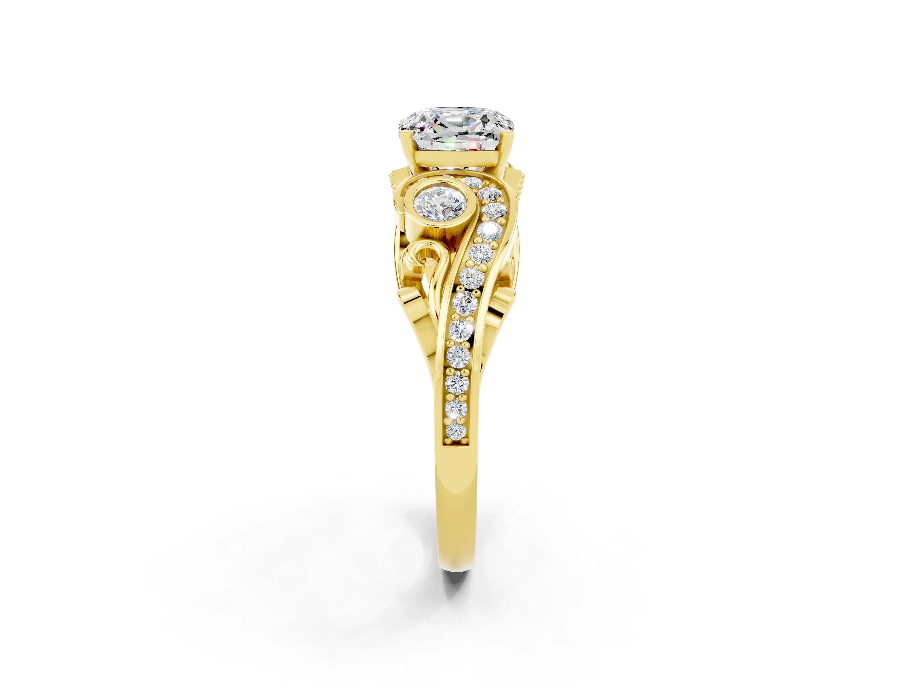 Yellow gold Cushion Cut Moissanite Solitaire Ring with Milgrain Pavé Band and Four-Prong Setting_26