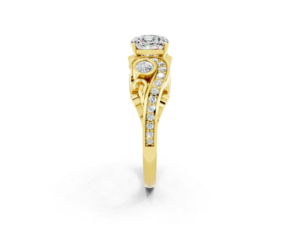 Yellow gold Cushion Cut Moissanite Solitaire Ring with Milgrain Pavé Band and Four-Prong Setting