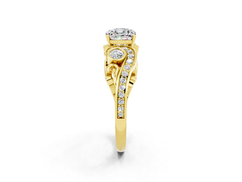 Yellow gold Cushion Cut Moissanite Solitaire Ring with Milgrain Pavé Band and Four-Prong Setting_26