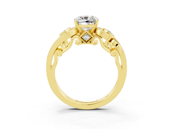 Yellow gold Cushion Cut Moissanite Solitaire Ring with Milgrain Pavé Band and Four-Prong Setting