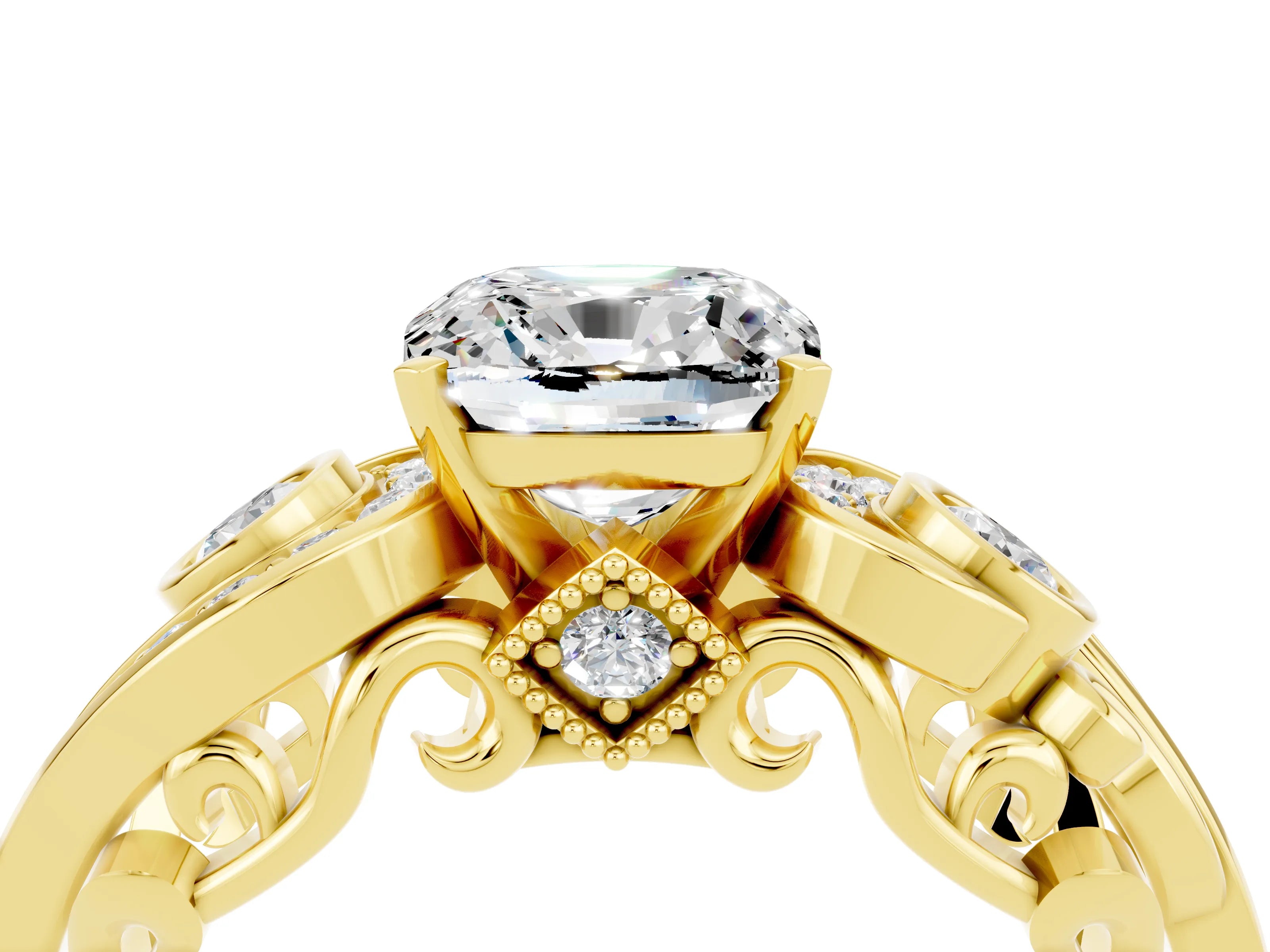 Yellow gold Cushion Cut Moissanite Solitaire Ring with Milgrain Pavé Band and Four-Prong Setting_28