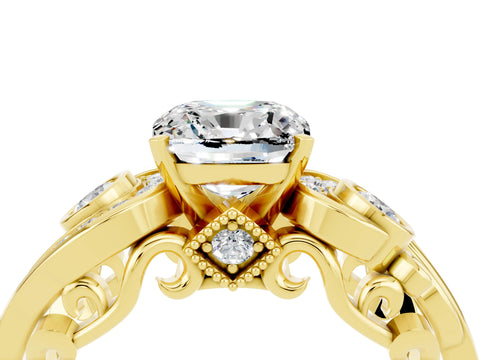 Yellow gold Cushion Cut Moissanite Solitaire Ring with Milgrain Pavé Band and Four-Prong Setting_28
