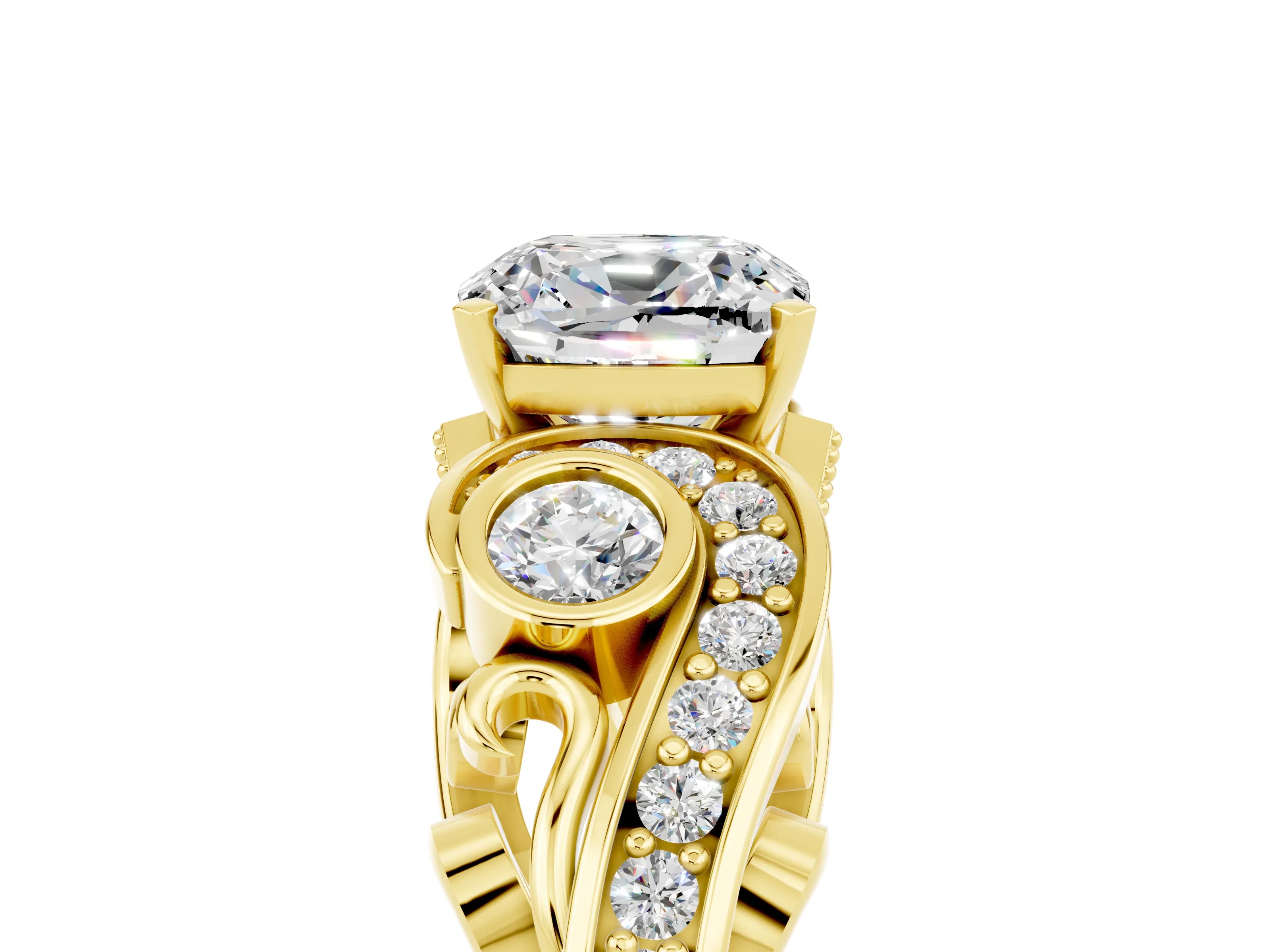 Yellow gold Cushion Cut Moissanite Solitaire Ring with Milgrain Pavé Band and Four-Prong Setting_29