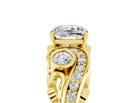 Yellow gold Cushion Cut Moissanite Solitaire Ring with Milgrain Pavé Band and Four-Prong Setting_29