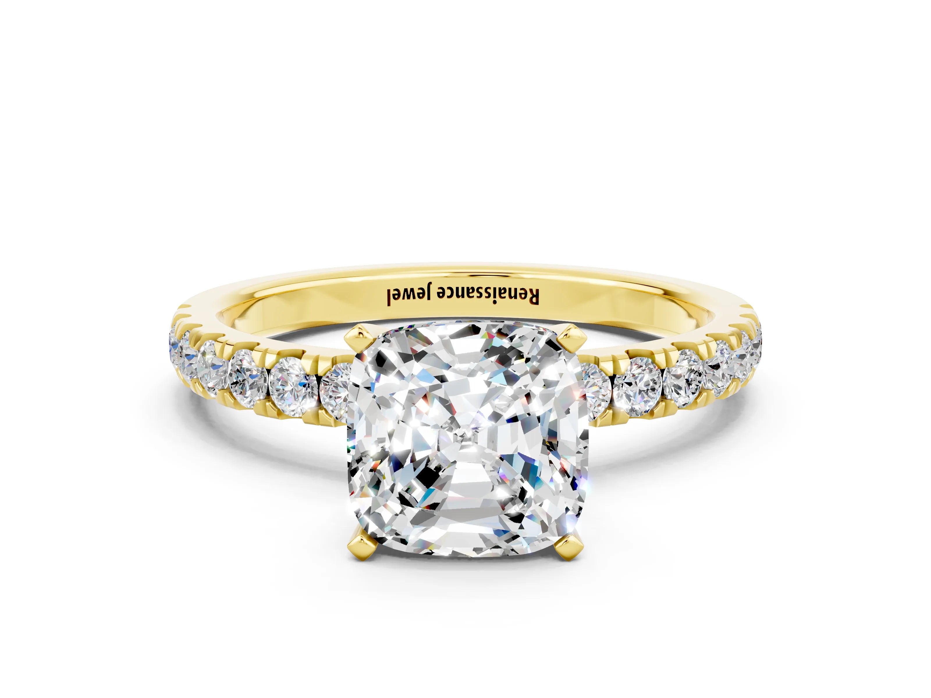 Yellow gold Cushion Cut Moissanite Solitaire Ring with Pavé Accents and Four-Prong Setting