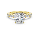 Yellow gold Cushion Cut Moissanite Solitaire Ring with Pavé Accents and Four-Prong Setting