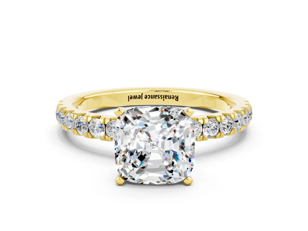 Yellow gold Cushion Cut Moissanite Solitaire Ring with Pavé Accents and Four-Prong Setting