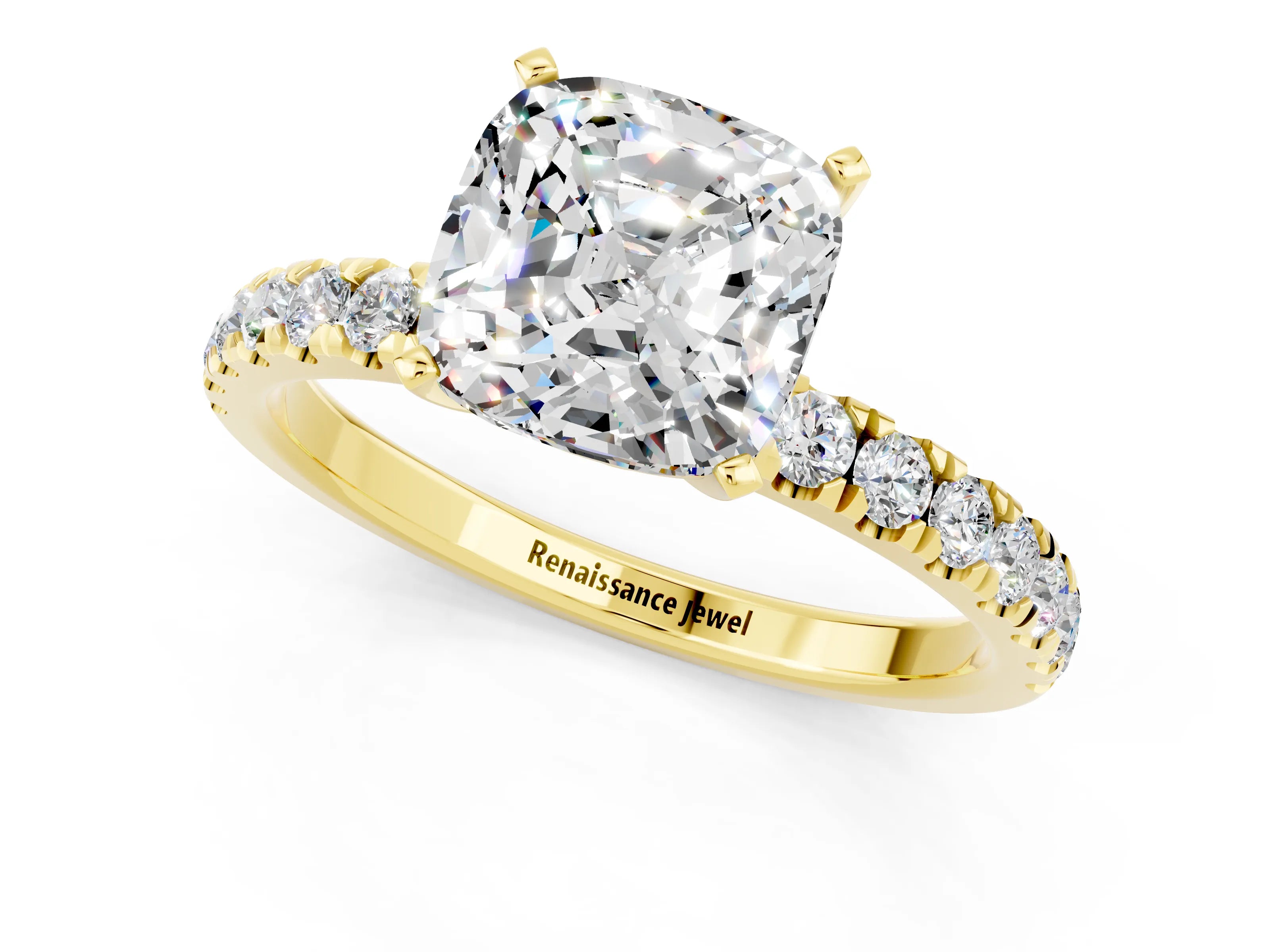 Yellow gold Cushion Cut Moissanite Solitaire Ring with Pavé Accents and Four-Prong Setting_1