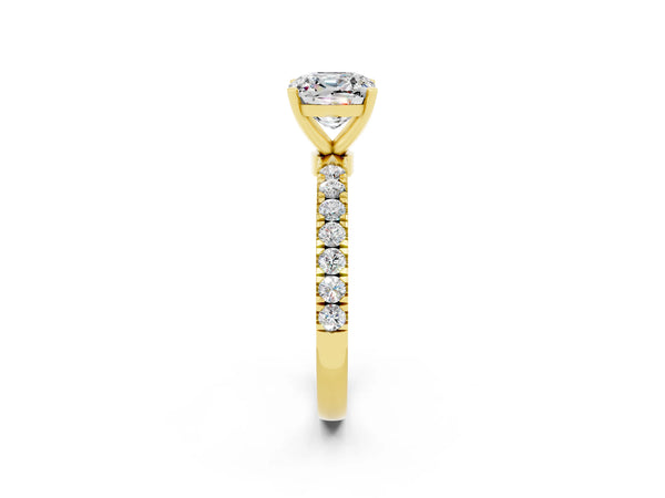 Yellow gold Cushion Cut Moissanite Solitaire Ring with Pavé Accents and Four-Prong Setting