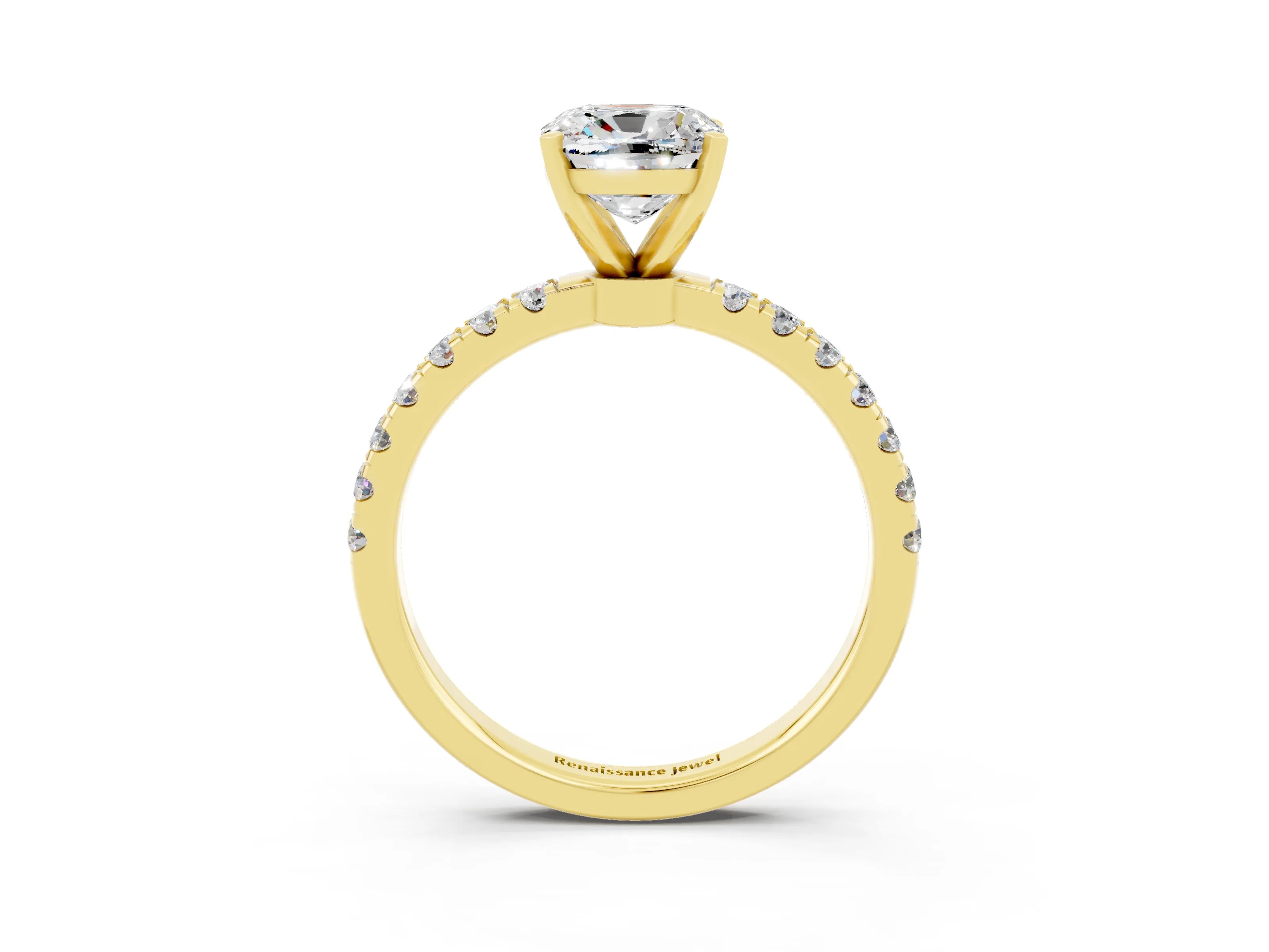 Yellow gold Cushion Cut Moissanite Solitaire Ring with Pavé Accents and Four-Prong Setting_3