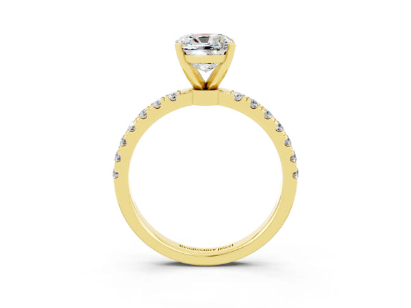 Yellow gold Cushion Cut Moissanite Solitaire Ring with Pavé Accents and Four-Prong Setting
