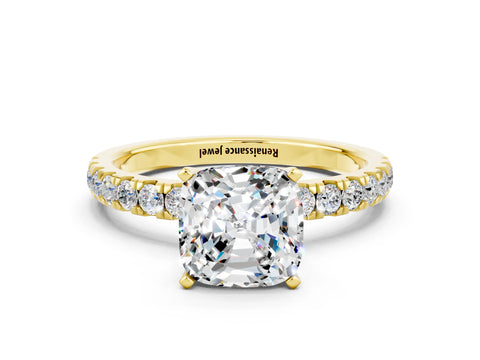 Yellow gold Cushion Cut Moissanite Solitaire Ring with Pavé Accents and Four-Prong Setting