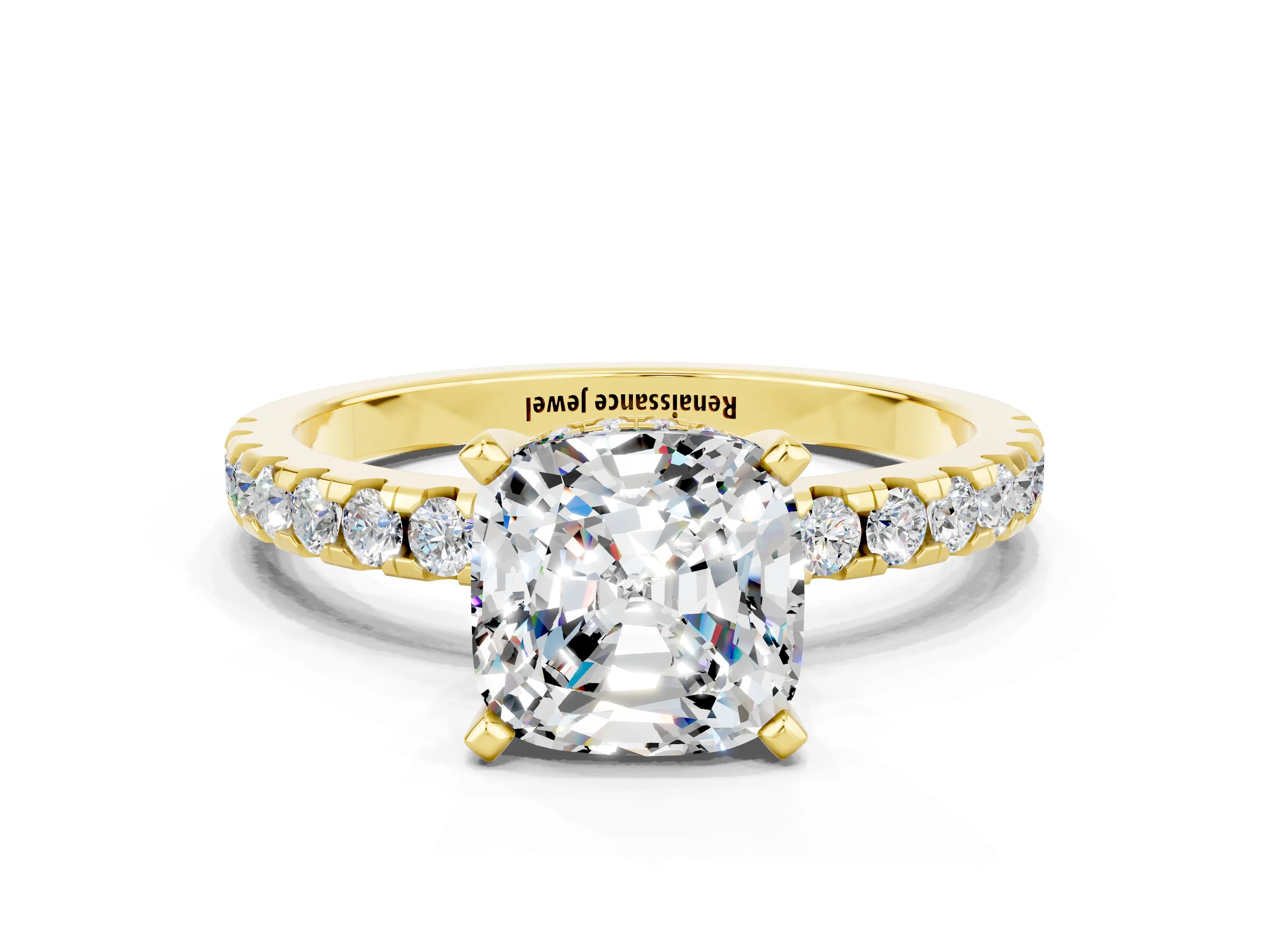 Yellow gold Cushion Cut Moissanite Solitaire Ring with Pavé Band and Four-Prong Setting_24