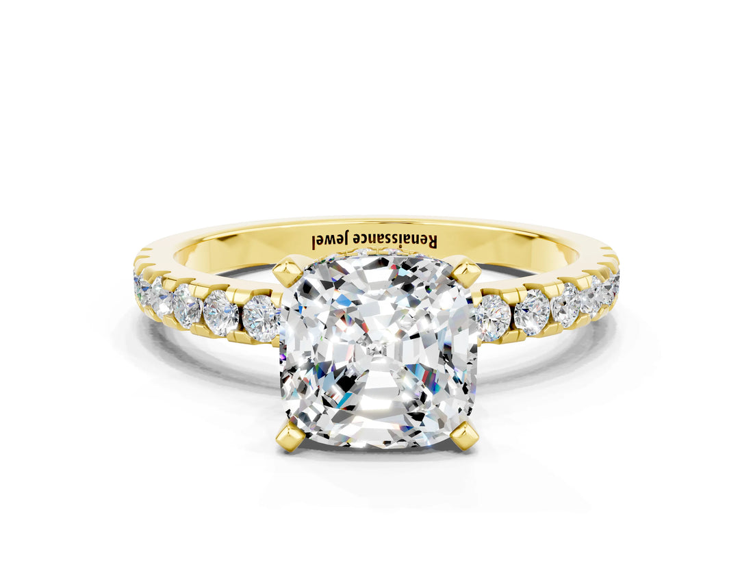 Yellow gold Cushion Cut Moissanite Solitaire Ring with Pavé Band and Four-Prong Setting_24