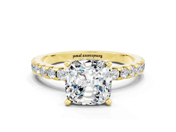 Yellow gold Cushion Cut Moissanite Solitaire Ring with Round  Pavé Band and Four-Prong Setting