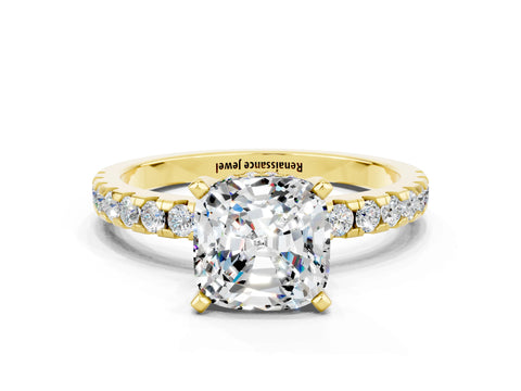 Yellow gold Cushion Cut Moissanite Solitaire Ring with Pavé Band and Four-Prong Setting_24