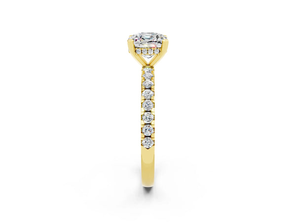 Yellow gold Cushion Cut Moissanite Solitaire Ring with Round  Pavé Band and Four-Prong Setting
