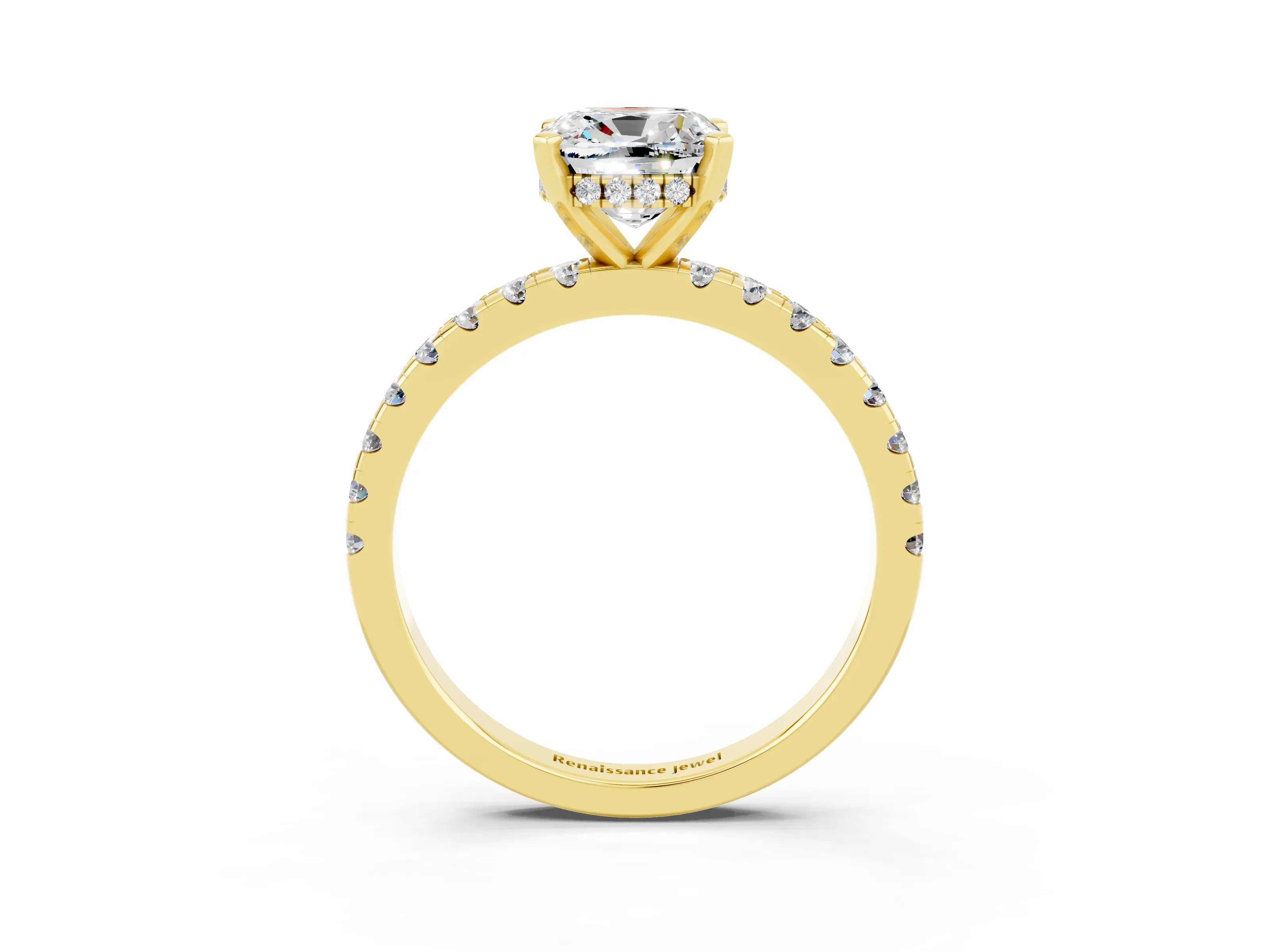 Yellow gold Cushion Cut Moissanite Solitaire Ring with Pavé Band and Four-Prong Setting_27