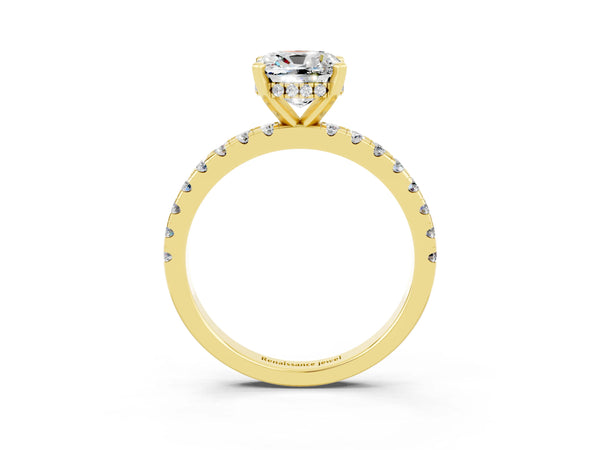 Yellow gold Cushion Cut Moissanite Solitaire Ring with Round  Pavé Band and Four-Prong Setting