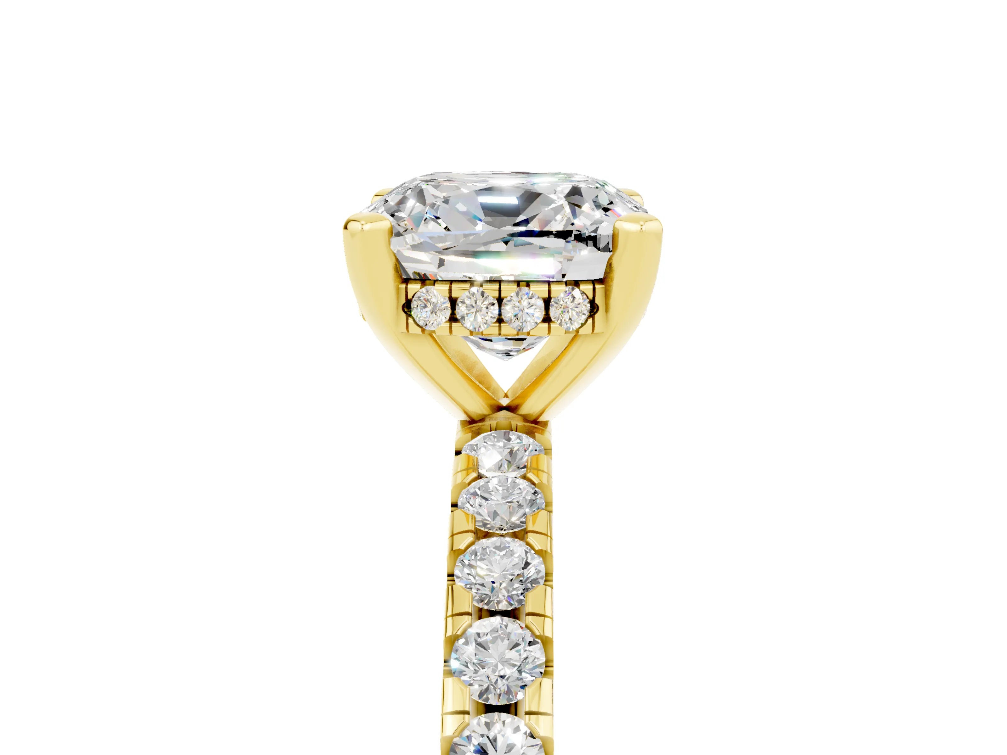 Yellow gold Cushion Cut Moissanite Solitaire Ring with Pavé Band and Four-Prong Setting_29