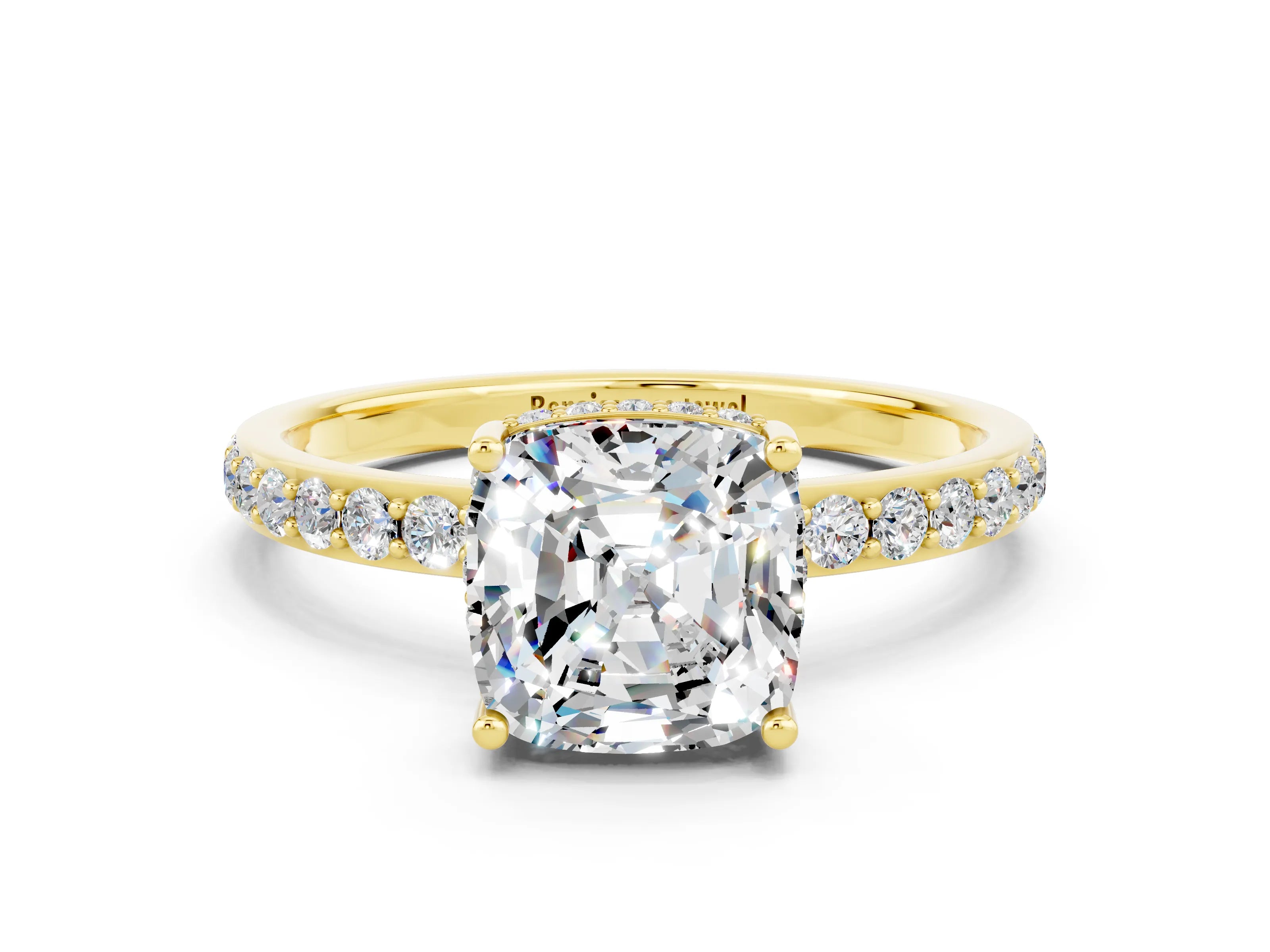 Yellow gold Cushion Cut Moissanite Solitaire Ring with Pavé Band and Hidden Halo_12