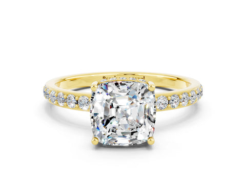 Yellow gold Cushion Cut Moissanite Solitaire Ring with Pavé Band and Hidden Halo_12