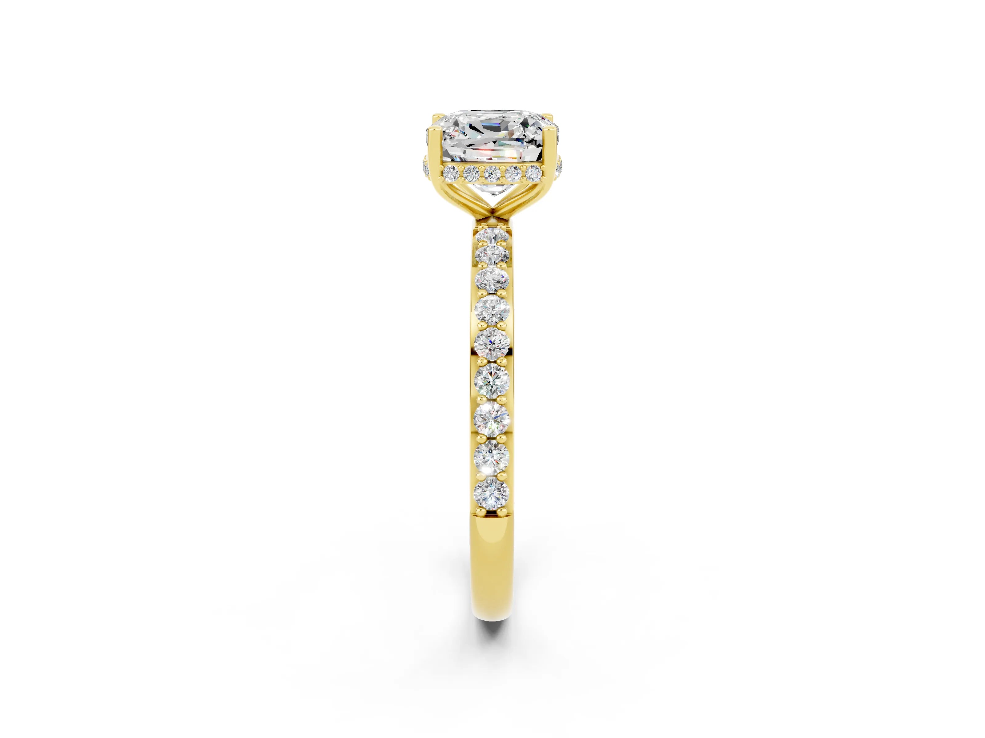 Yellow gold Cushion Cut Moissanite Solitaire Ring with Pavé Band and Hidden Halo_14
