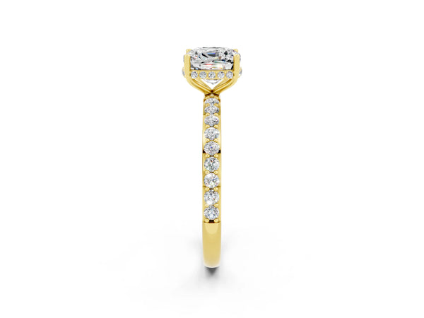 Yellow gold Cushion Cut Moissanite Solitaire Ring with Pavé Band and Hidden Halo