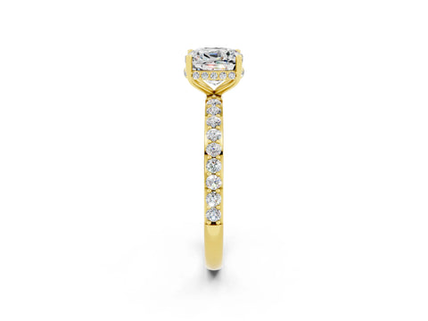 Yellow gold Cushion Cut Moissanite Solitaire Ring with Pavé Band and Hidden Halo_14