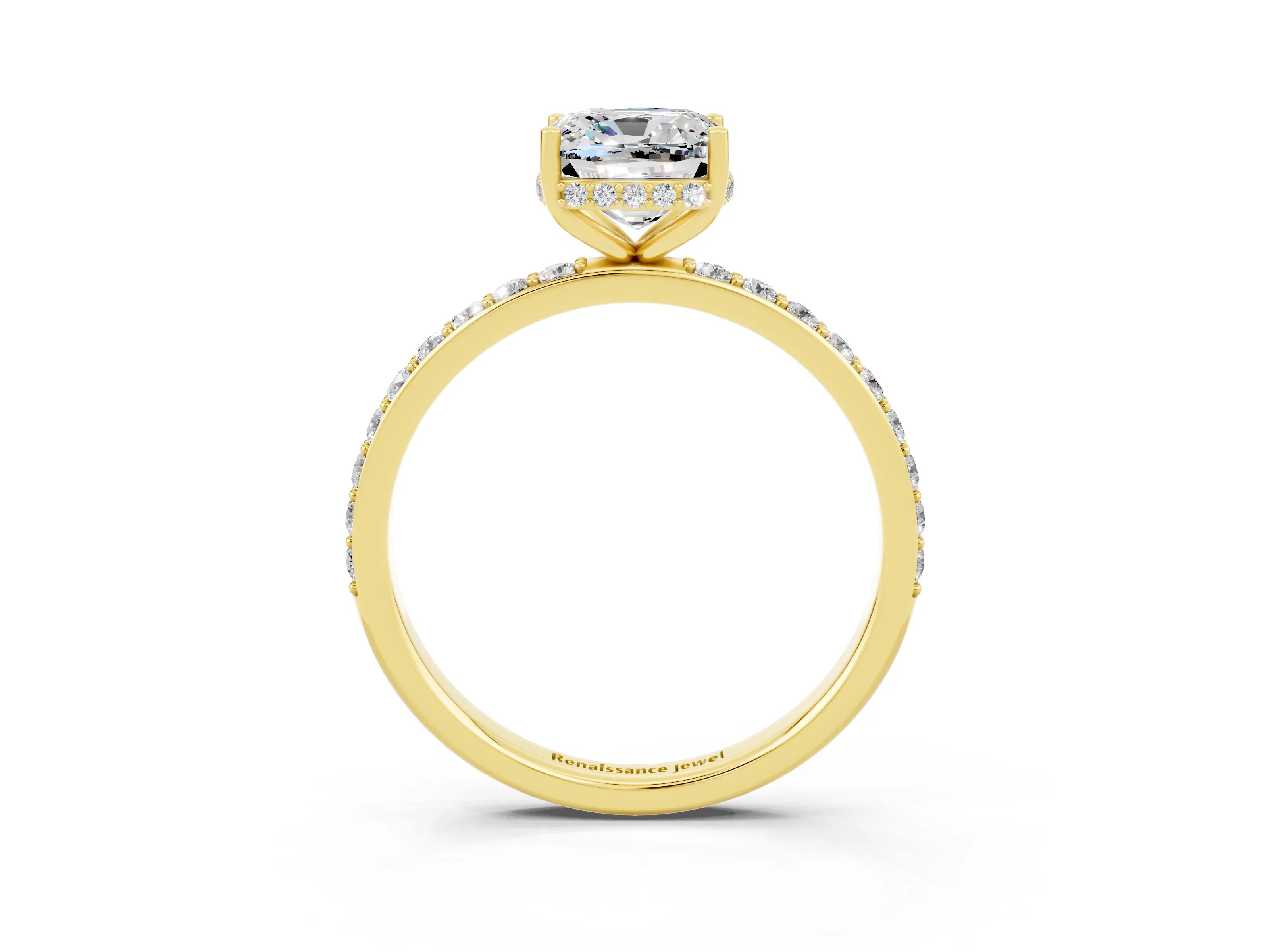 Yellow gold Cushion Cut Moissanite Solitaire Ring with Pavé Band and Hidden Halo_15