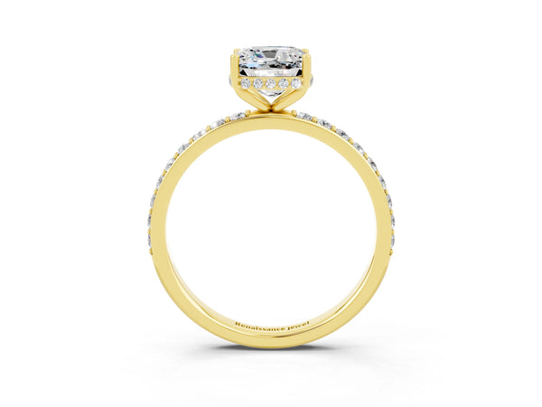 Yellow gold Cushion Cut Moissanite Solitaire Ring with Pavé Band and Hidden Halo