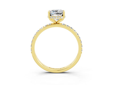 Yellow gold Cushion Cut Moissanite Solitaire Ring with Pavé Band and Hidden Halo_15
