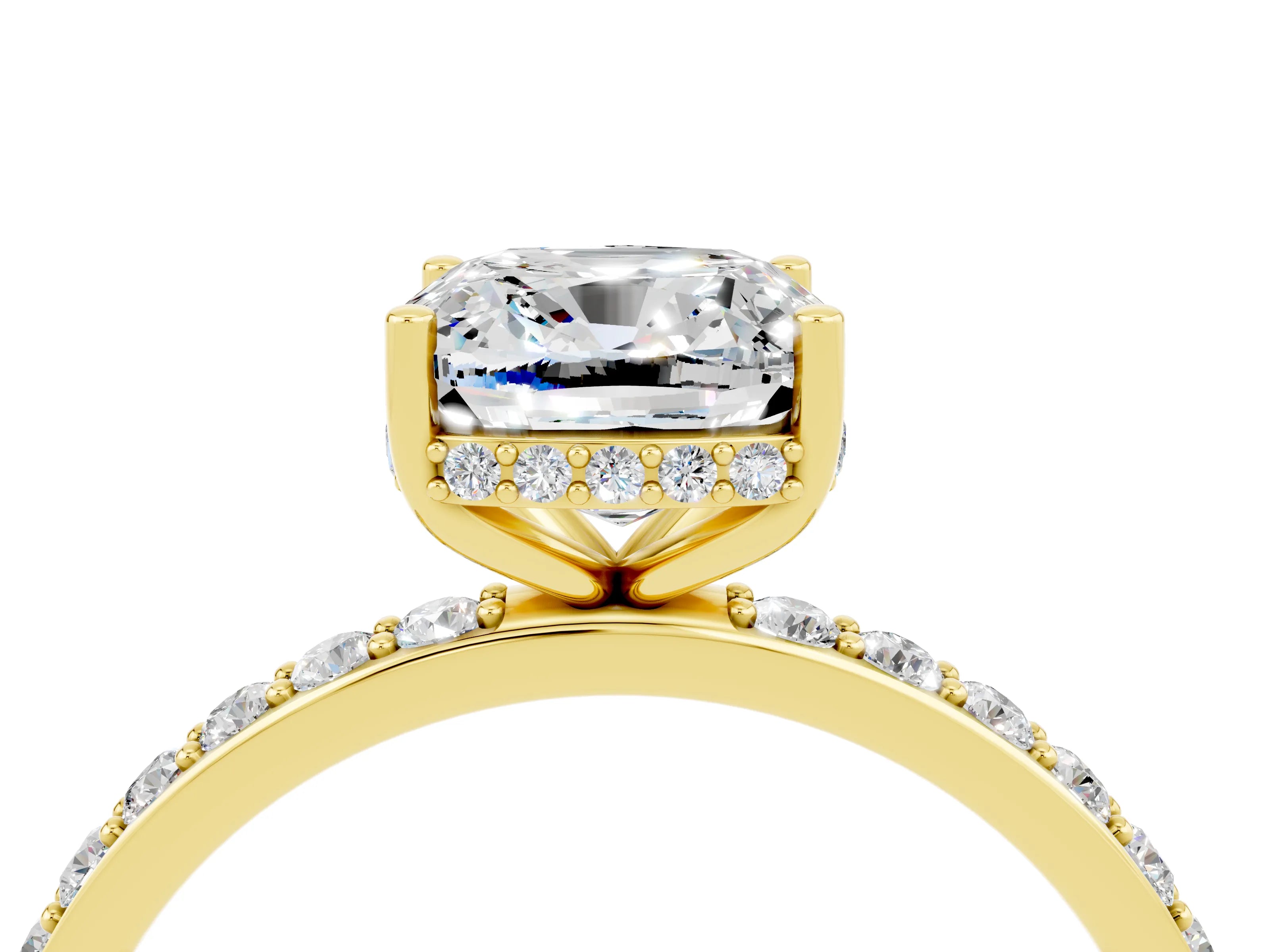 Yellow gold Cushion Cut Moissanite Solitaire Ring with Pavé Band and Hidden Halo_16