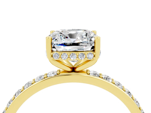 Yellow gold Cushion Cut Moissanite Solitaire Ring with Pavé Band and Hidden Halo_16