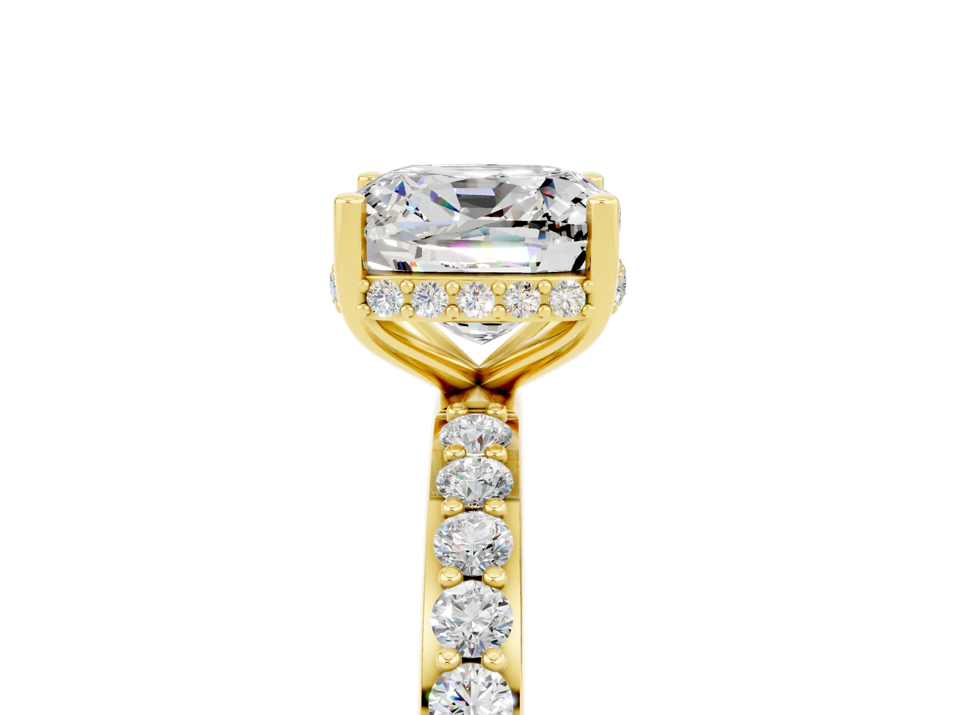Yellow gold Cushion Cut Moissanite Solitaire Ring with Pavé Band and Hidden Halo_17
