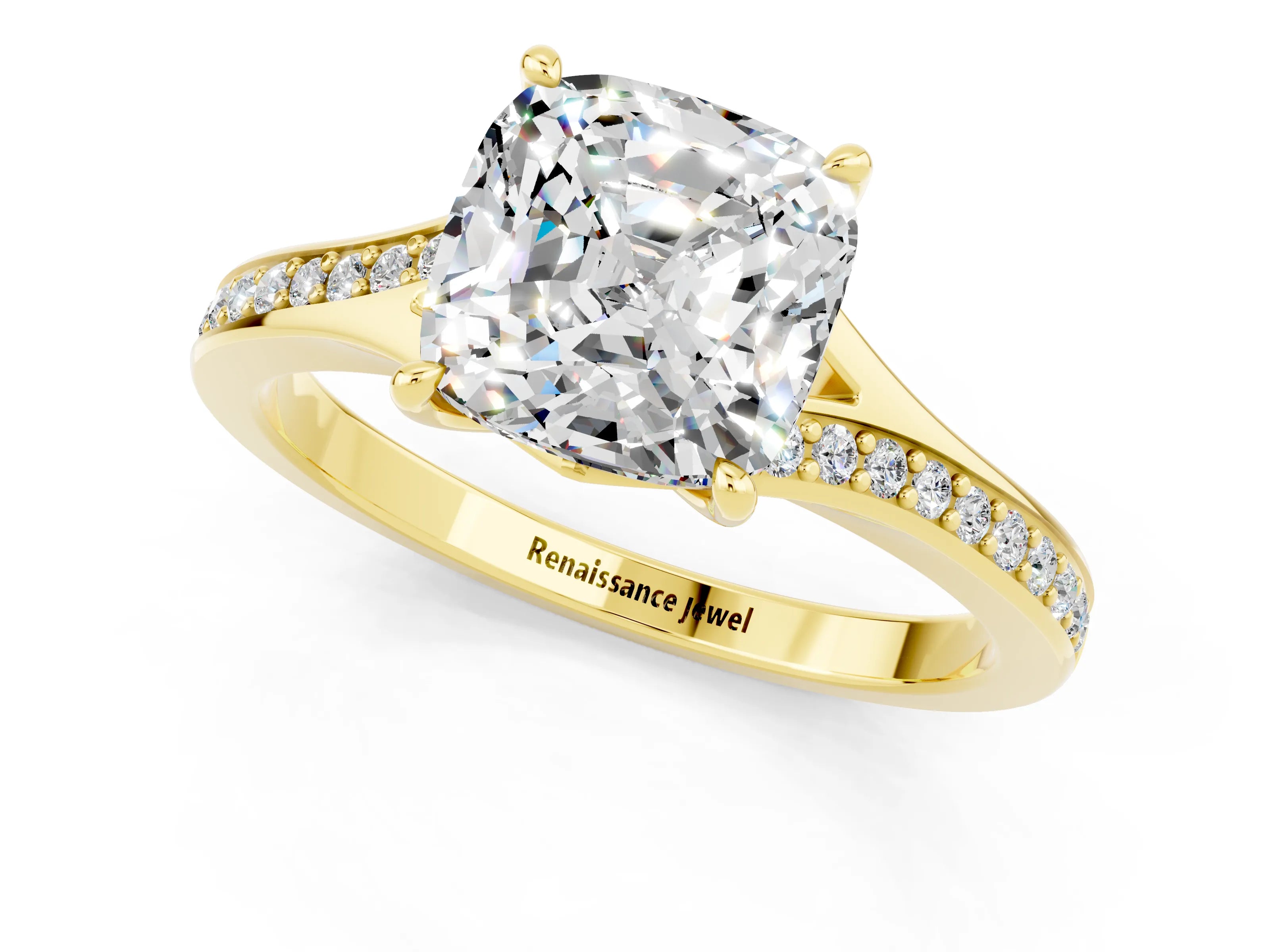 Yellow gold Cushion Cut Moissanite Solitaire Ring with Pavé Band and Prong Setting_1