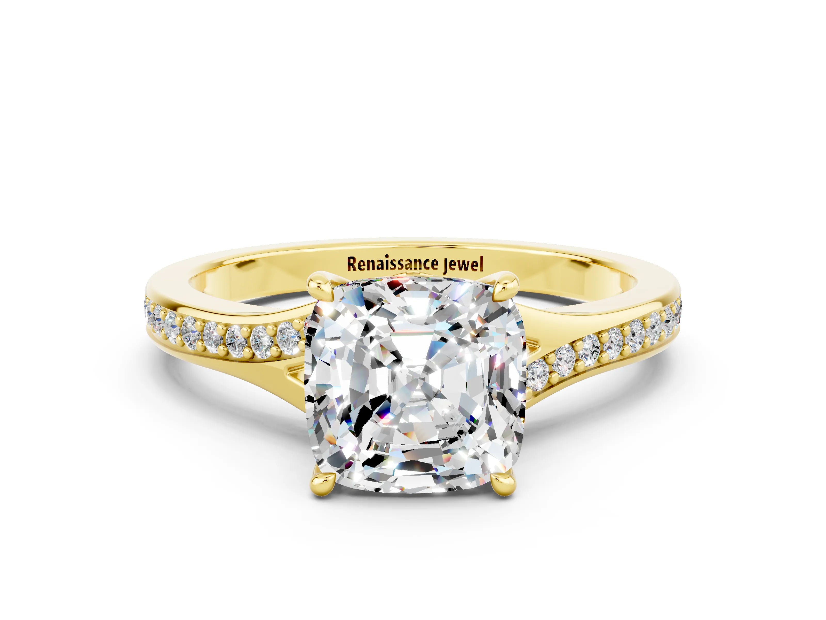 Yellow gold Cushion Cut Moissanite Solitaire Ring with Pavé Band and Prong Setting_12