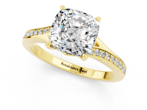 Yellow gold Cushion Cut Moissanite Solitaire Ring with Pavé Band and Prong Setting_13