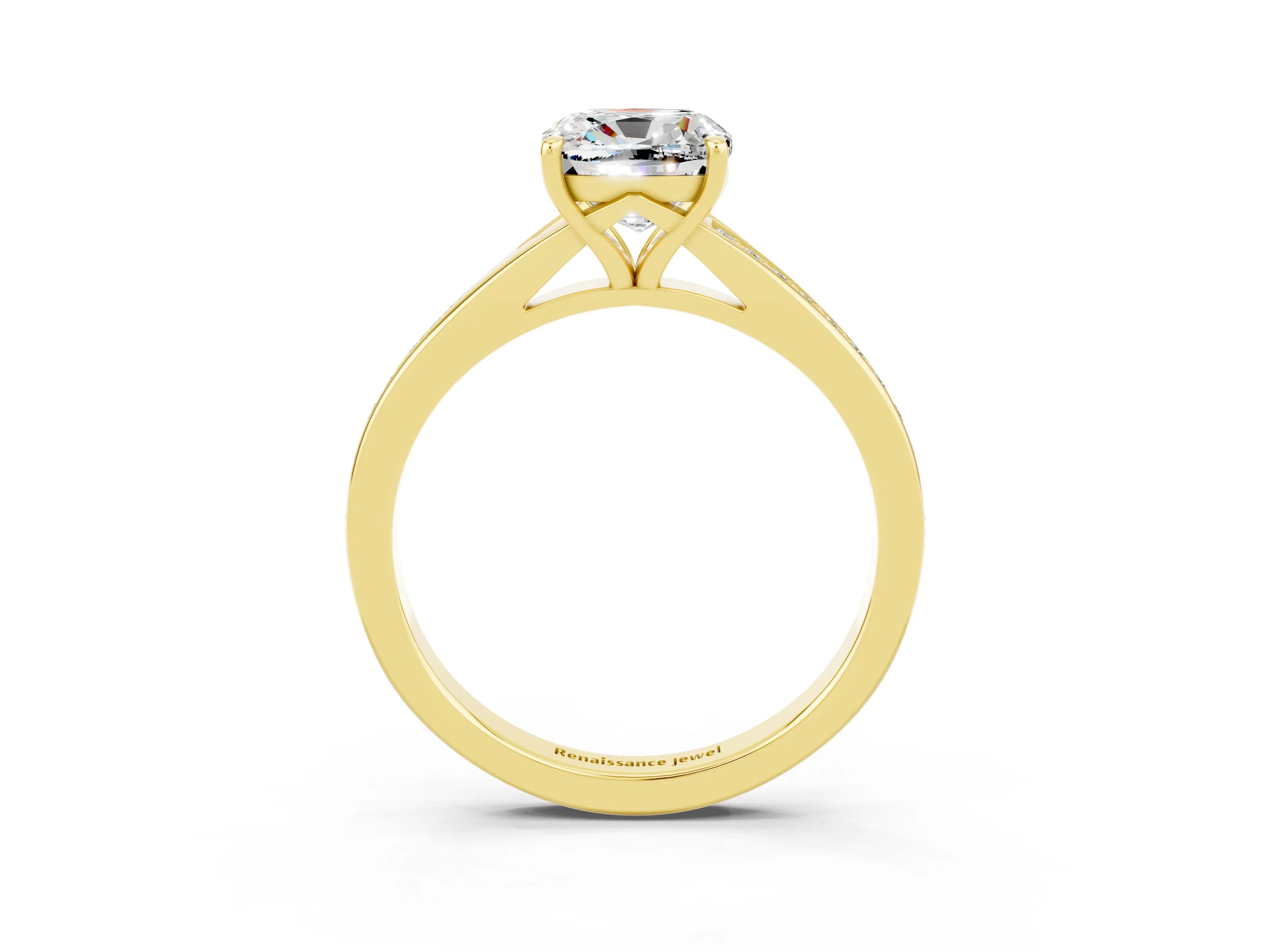 Yellow gold Cushion Cut Moissanite Solitaire Ring with Pavé Band and Prong Setting_15