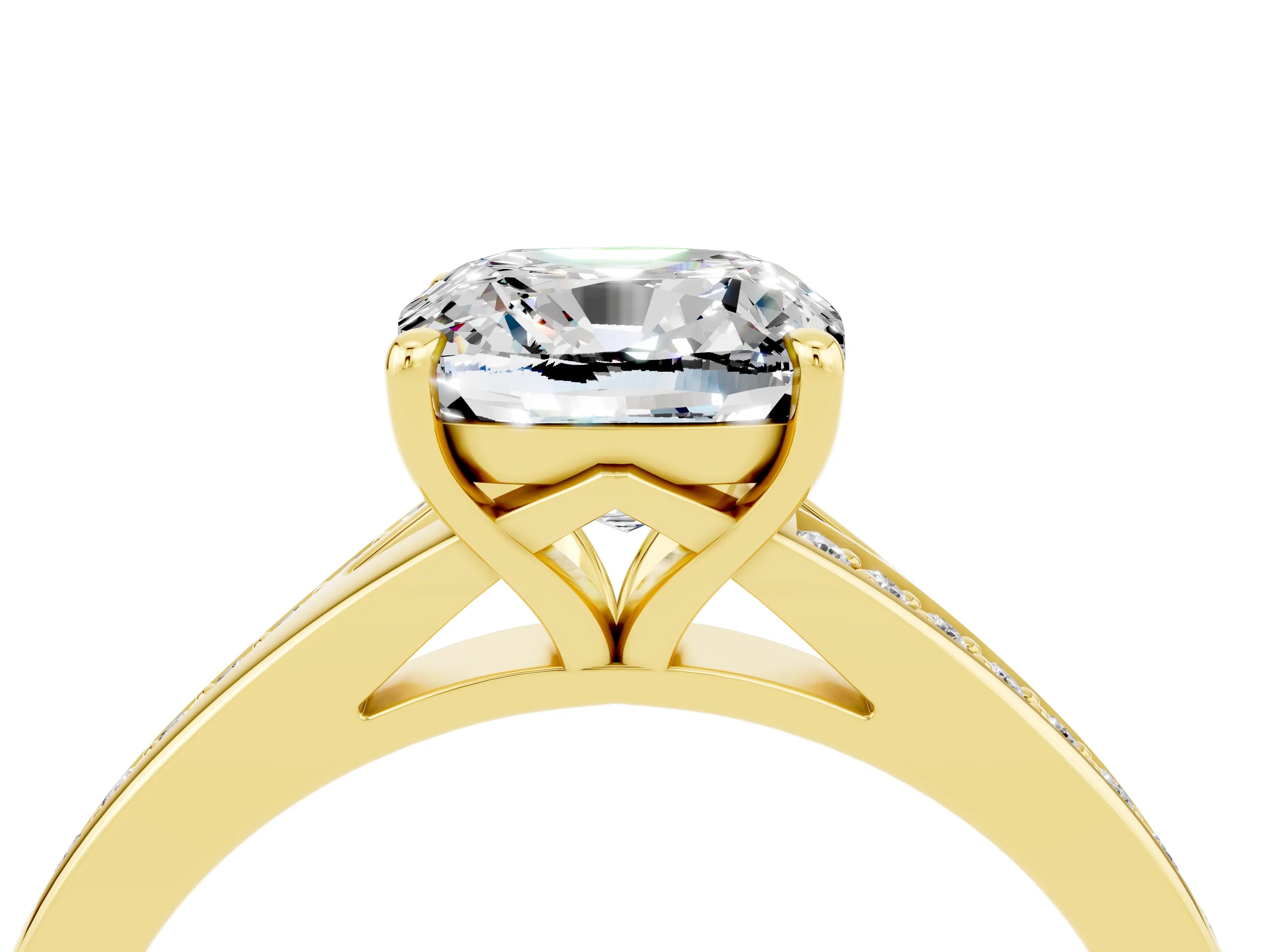 Yellow gold Cushion Cut Moissanite Solitaire Ring with Pavé Band and Prong Setting_16