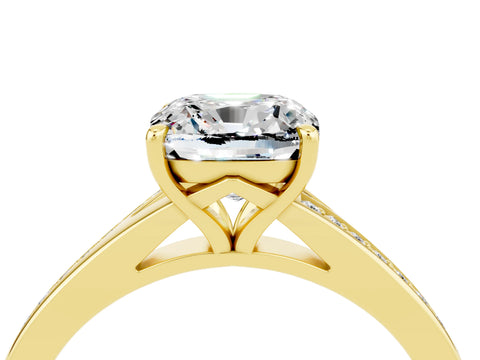Yellow gold Cushion Cut Moissanite Solitaire Ring with Pavé Band and Prong Setting_16